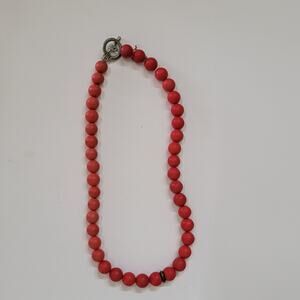 Vintage Red Beaded Necklace with Round Beads & Silver Tone Toggle Clasp Jewelry